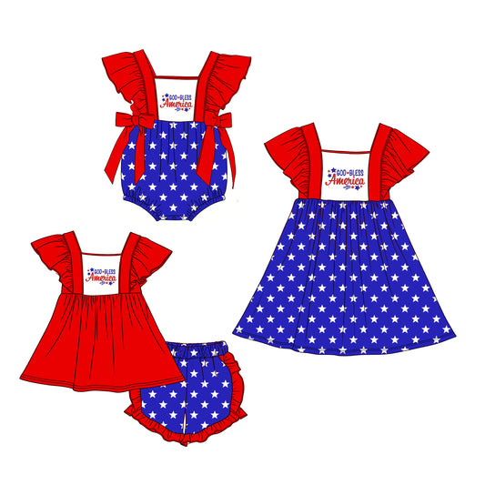 ( Moq 5 Each Style ) Sibling Baby Girls Kids Short Sleeves Stars 4th of July Romper Dress Set