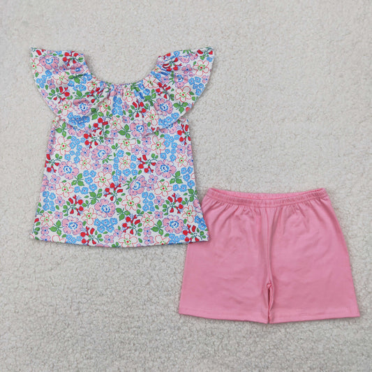 Preorder Baby Girl Flower Ruffle Tunic Tops Pink Shorts Clothes Set RTS