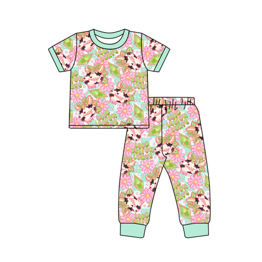 Baby Girl Short Sleeves Cow Flower Shirt Pants Western Pajamas Set Moq 5