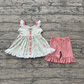 ( No moq ) Preorder Baby Girls Sleeveless Flowers Buttons Tunic Pink Ruffle Shorts Clothes Set
