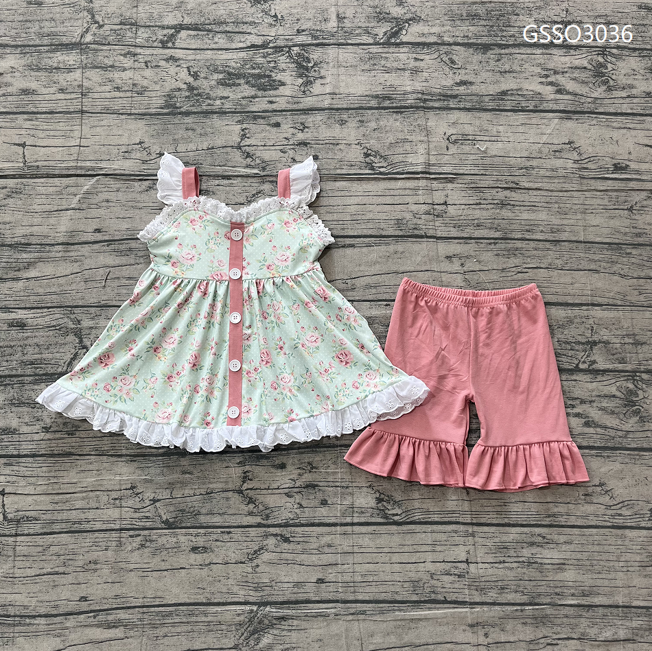( No moq ) Preorder Baby Girls Sleeveless Flowers Buttons Tunic Pink Ruffle Shorts Clothes Set