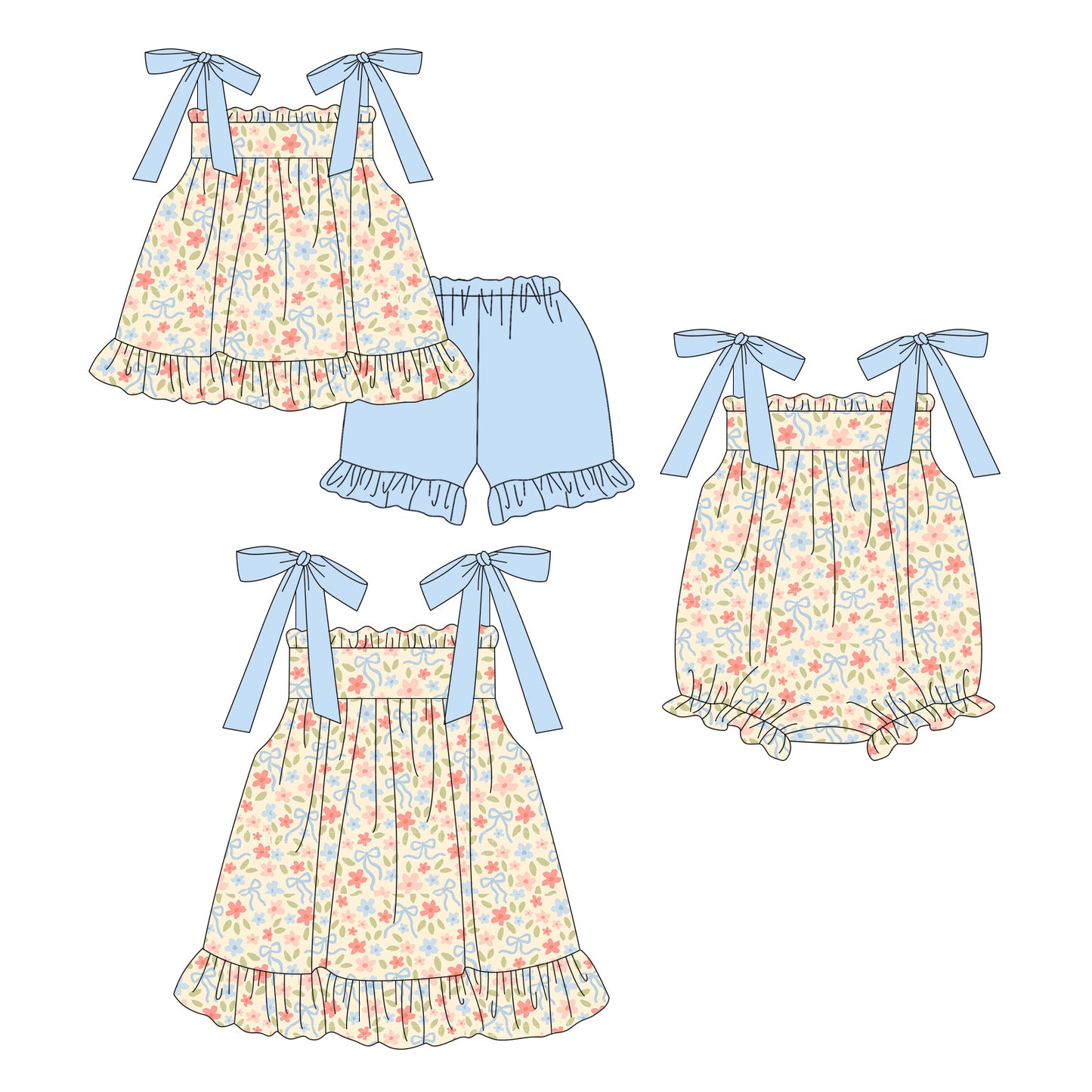 ( Moq 5 Each Style ) Sibling Baby Girls Kids Straps Flower Blue Bows Romper Dress Set Summer Clothes