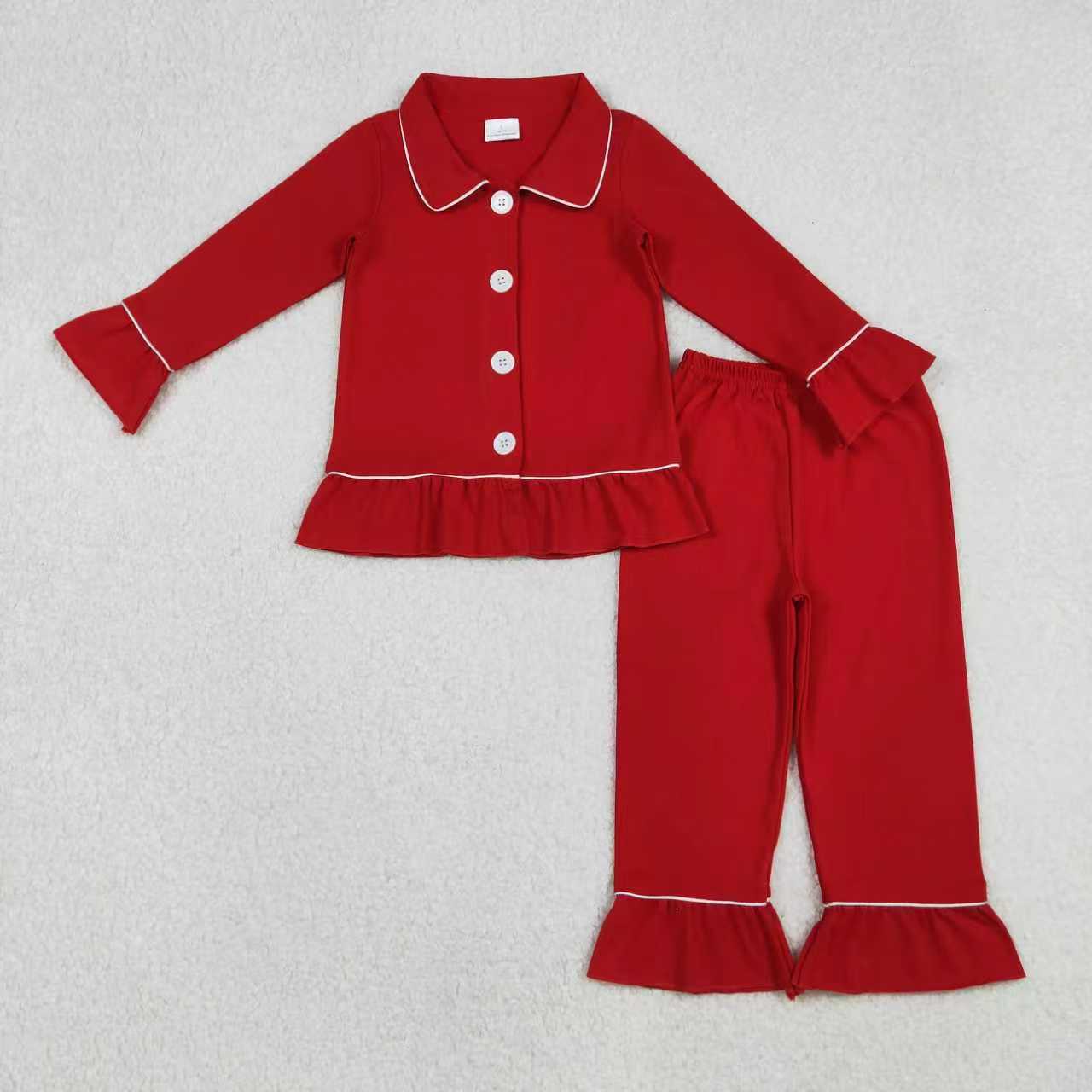 Sibling Boys Girls Long Sleeves Red Buttons Shirt Pants Christmas Cotton Pajamas Set RTS