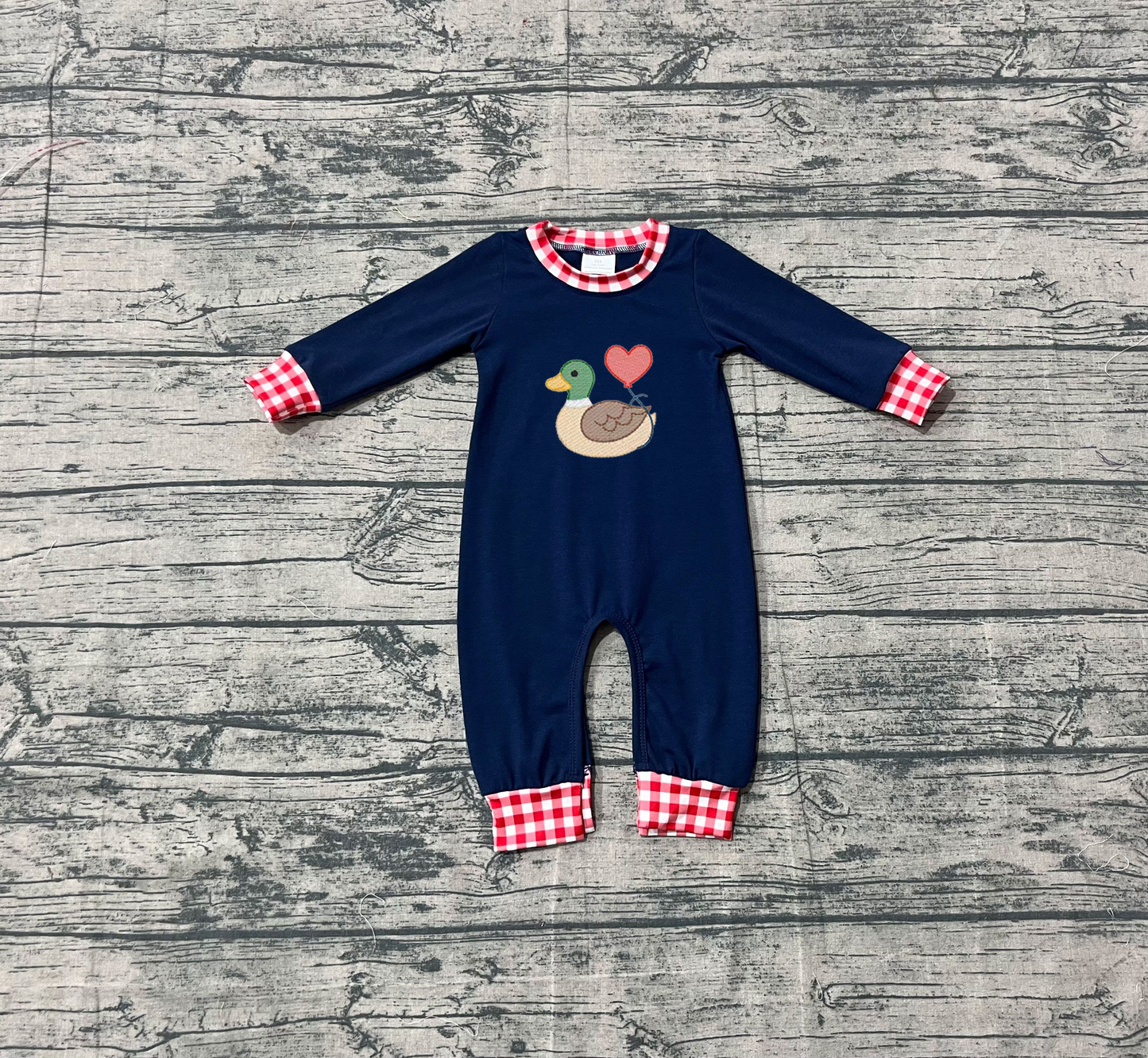 ( No moq ) Preorder Boys Infant Navy Long Sleeves Embroidery Duck Heart Valentine's Day Romper