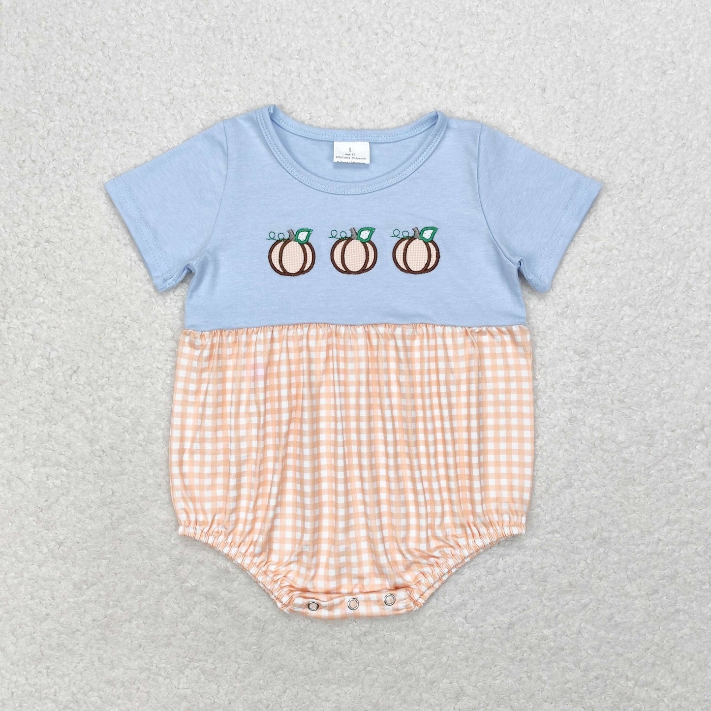 Baby Boy Short Sleeves Embroidery Pumpkin Plaid Bubble Romper