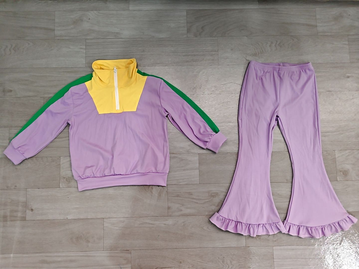 ( No moq ) Preorder Baby Girls Kids Zipper Pullover Purple Pockets Pants Mardi Gras Set Yoga Active Clothes