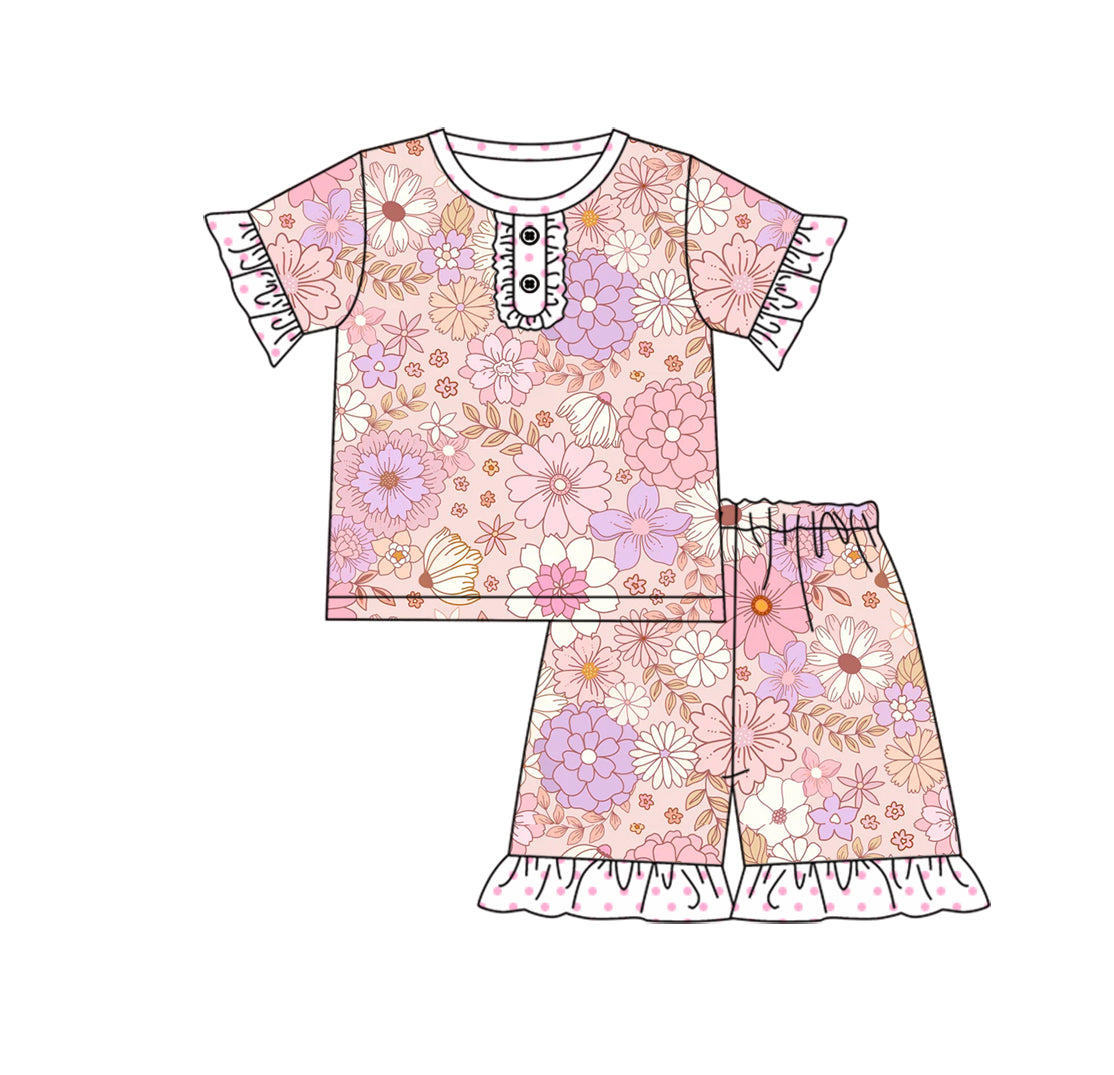 Baby Girl Short Sleeves Flower Shirt Shorts Pajamas Clothes Pink Set Moq 5