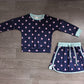 ( No moq ) Preorder Baby Girls Kids Long Sleeves Dots Shirt Skirt Shorts Navy Set Clothes