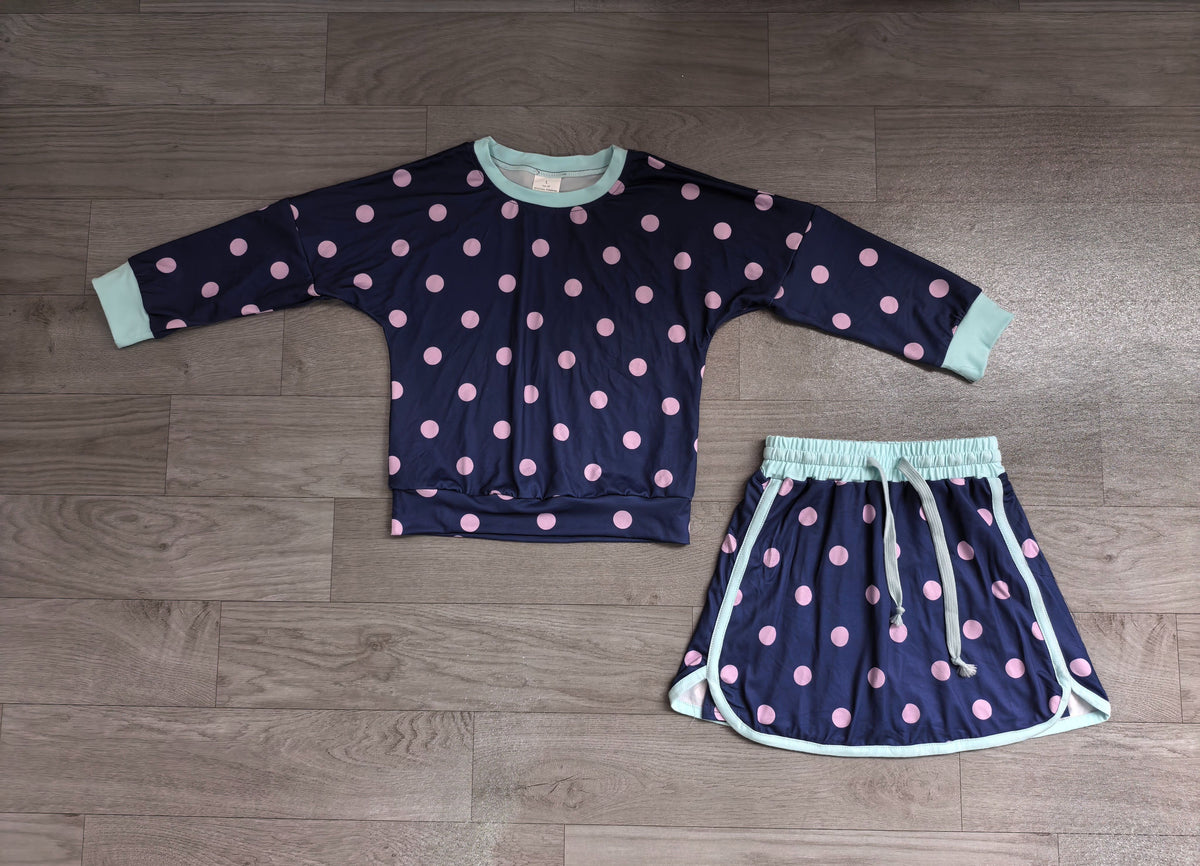 ( No moq ) Preorder Baby Girls Kids Long Sleeves Dots Shirt Skirt Shorts Navy Set Clothes