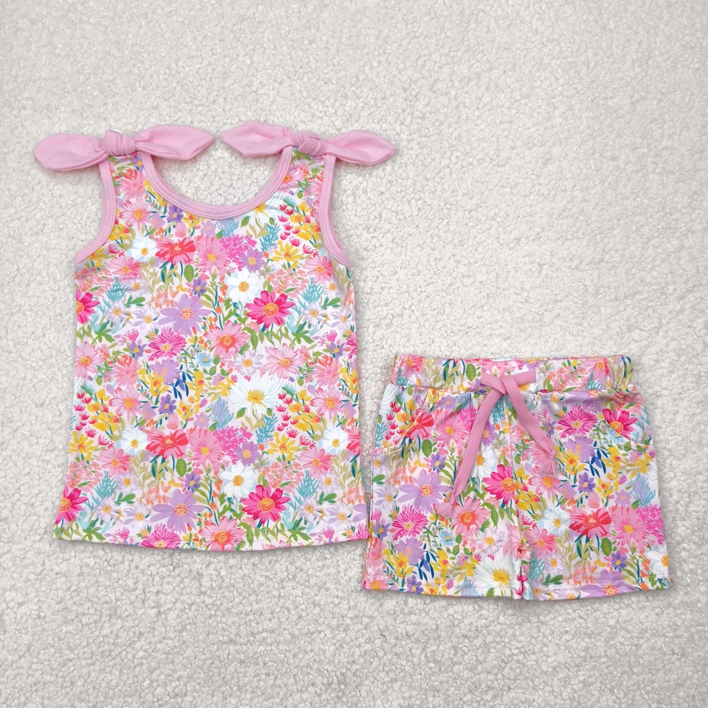Baby Girl Straps Bows Flower Tops Pockets Shorts Set RTS