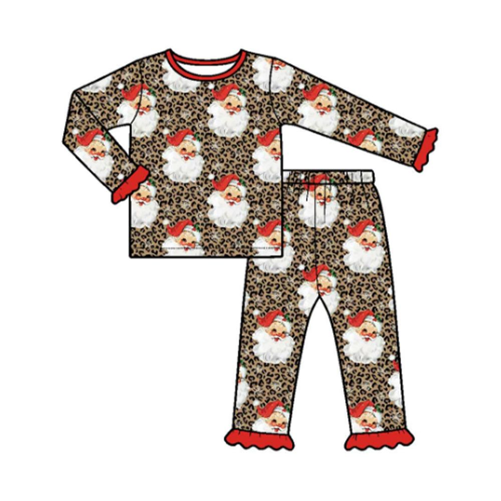 ( Moq 5 ) Preorder Baby Girls Kids Santa Leopard Shirt Pants Pajamas Christmas Set Clothes