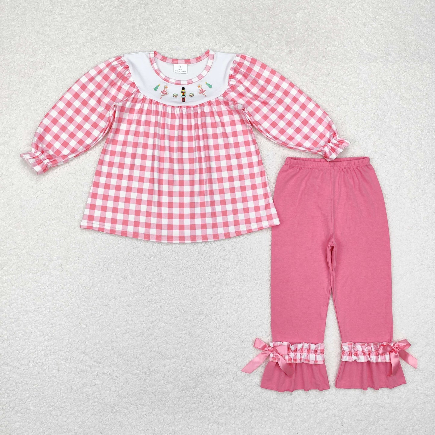 Baby Girl Long Sleeves Embroidery Christmas Plaid Tunic Ruffle Pink Pants Set