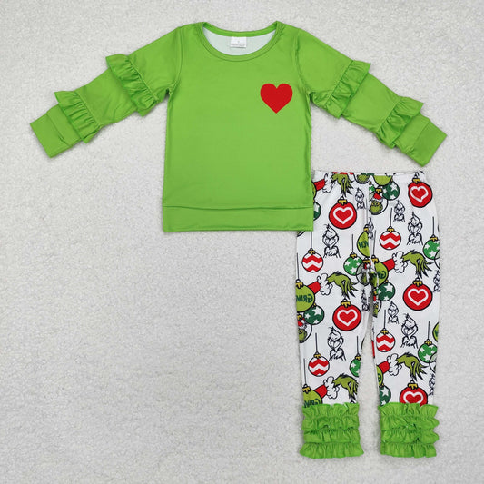 Baby Girl Long Sleeves Heart Ruffle Green Shirt Lights Legging Clothes Christmas Set