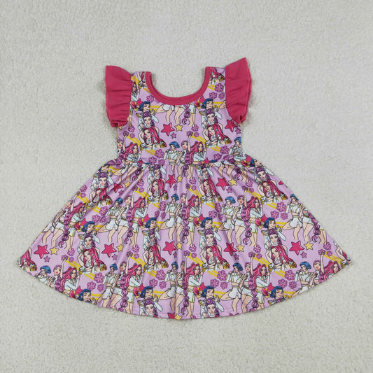 Baby Girls Kids Short Sleeves Singer Stars Flowers Pink Knee Length Dress RTS
