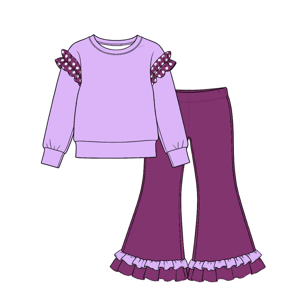 ( Moq 5 ) Preorder Baby Girls Kids Purple Long Sleeves Shirt Ruffle Pants Set Cotton Clothes