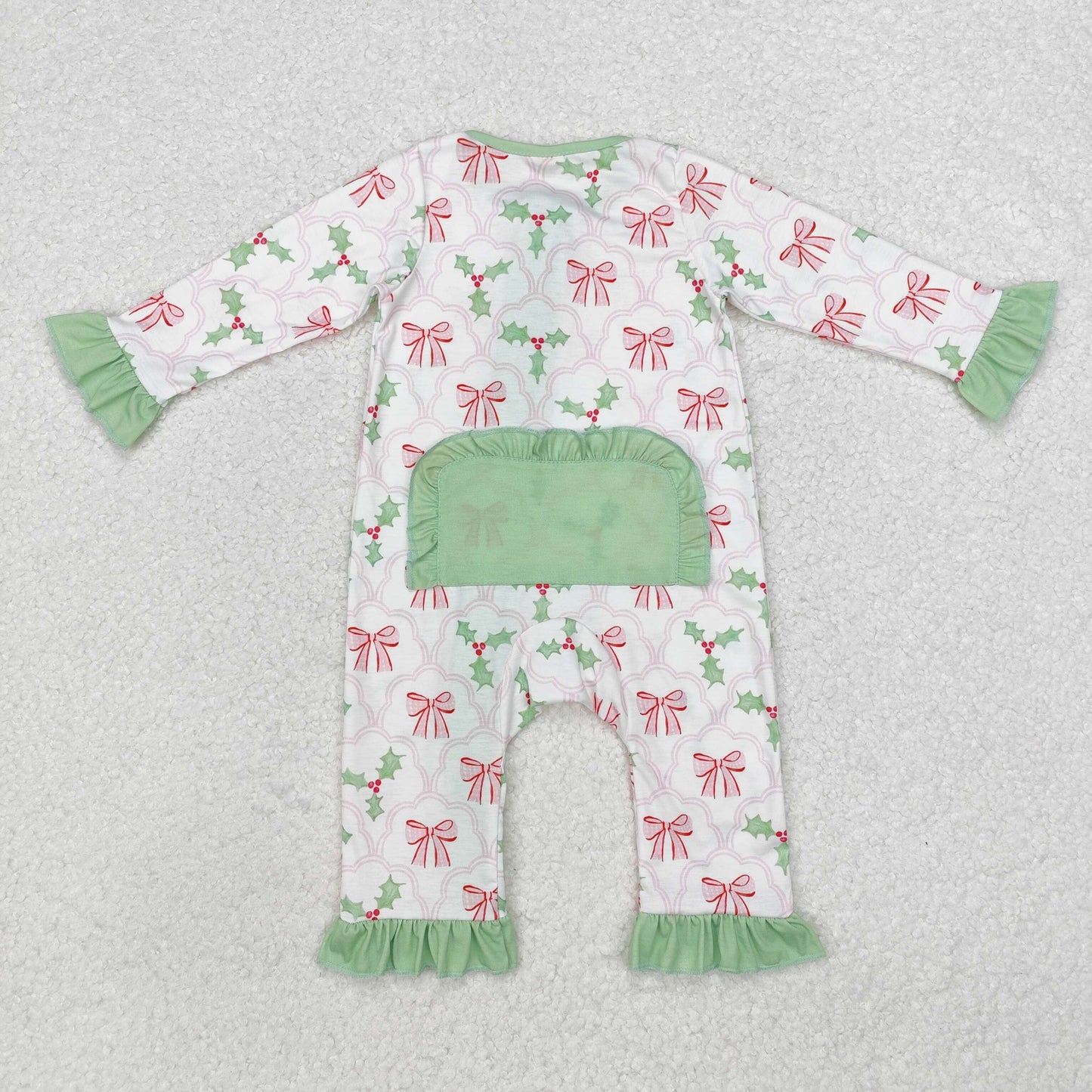 Baby Girl Long Sleeves Christmas Bows Holly Zipper Green Bamboo Romper