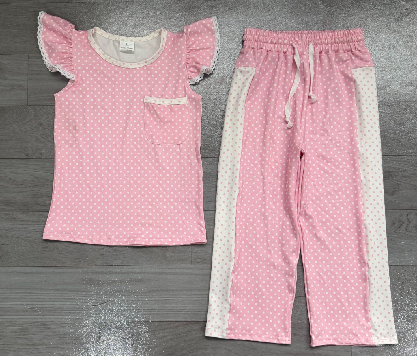 ( No moq ) Preorder Baby Girl Kids Short Sleeves Pocket Shirt Dots Pants Pink Set Clothes