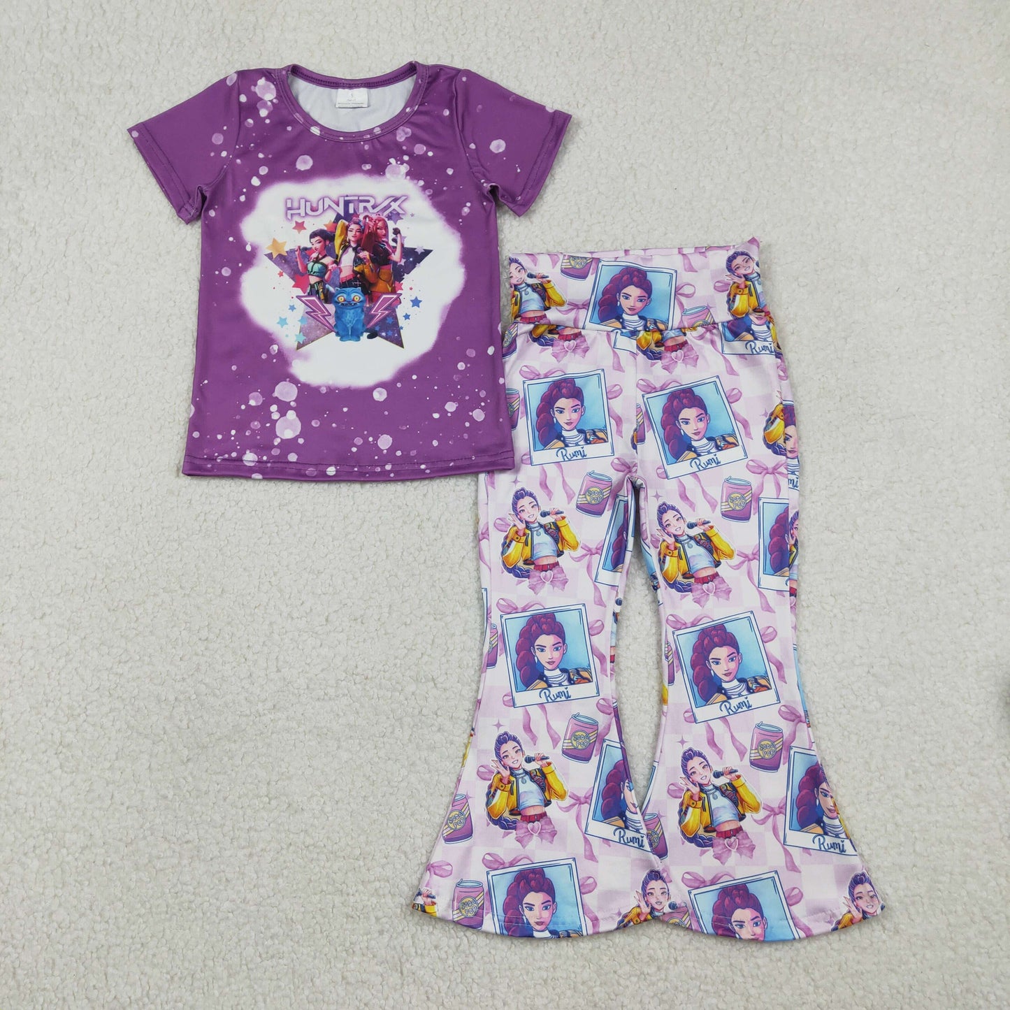 Baby Girls Short Sleeves Singer Characters Bows Shirt Pants Purple Clothes Set RTS