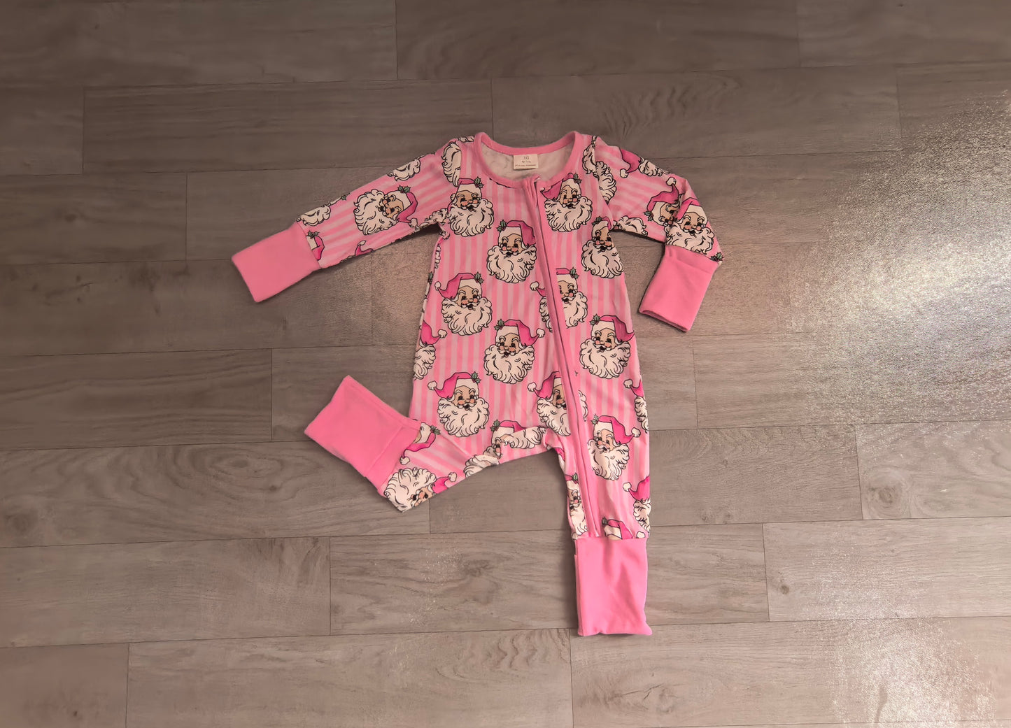 ( No moq )  Preorder Baby Girls Kids Long Sleeves Christmas Santa Pink Stripes Zipper Footie Sleeper Romper