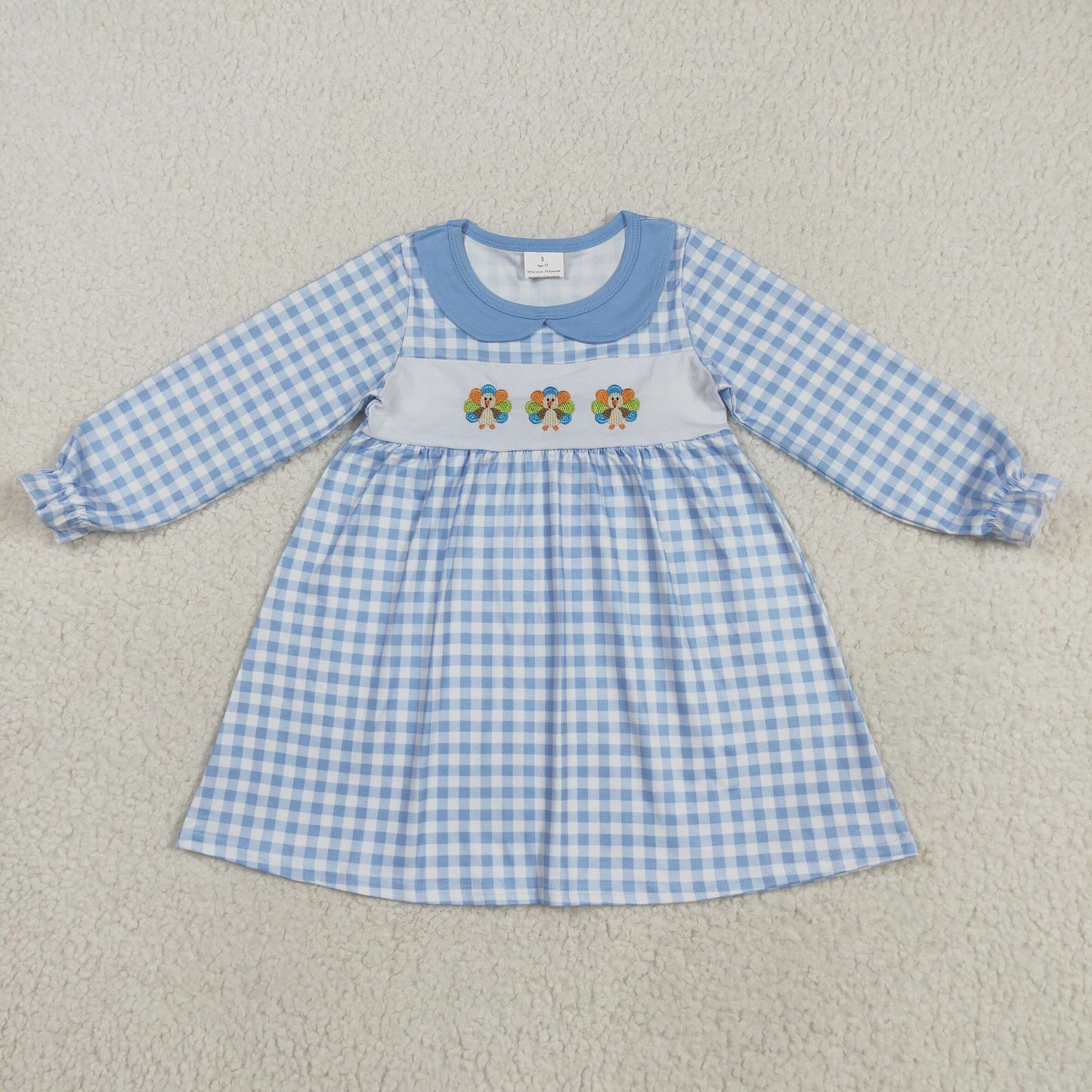 Baby Girl Long Sleeves Blue Plaid Embroidery turkey Knee Length Dress RTS
