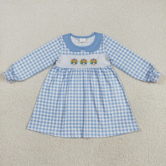 Baby Girl Long Sleeves Blue Plaid Embroidery turkey Knee Length Dress RTS