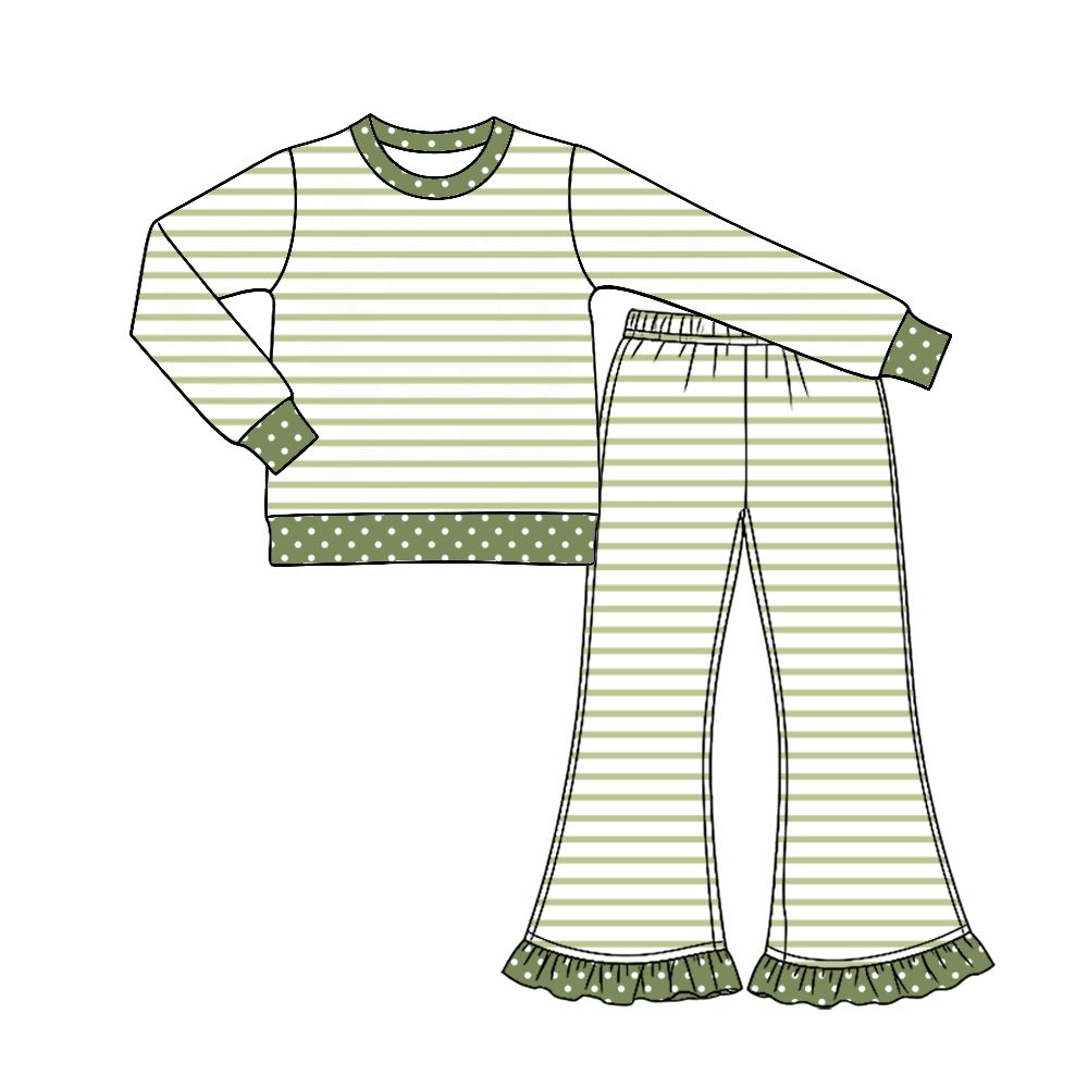 ( Moq 5 ) Preorder Baby Girls Kids Long Sleeves Green Stripes Shirt Ruffle Pants Set Clothes