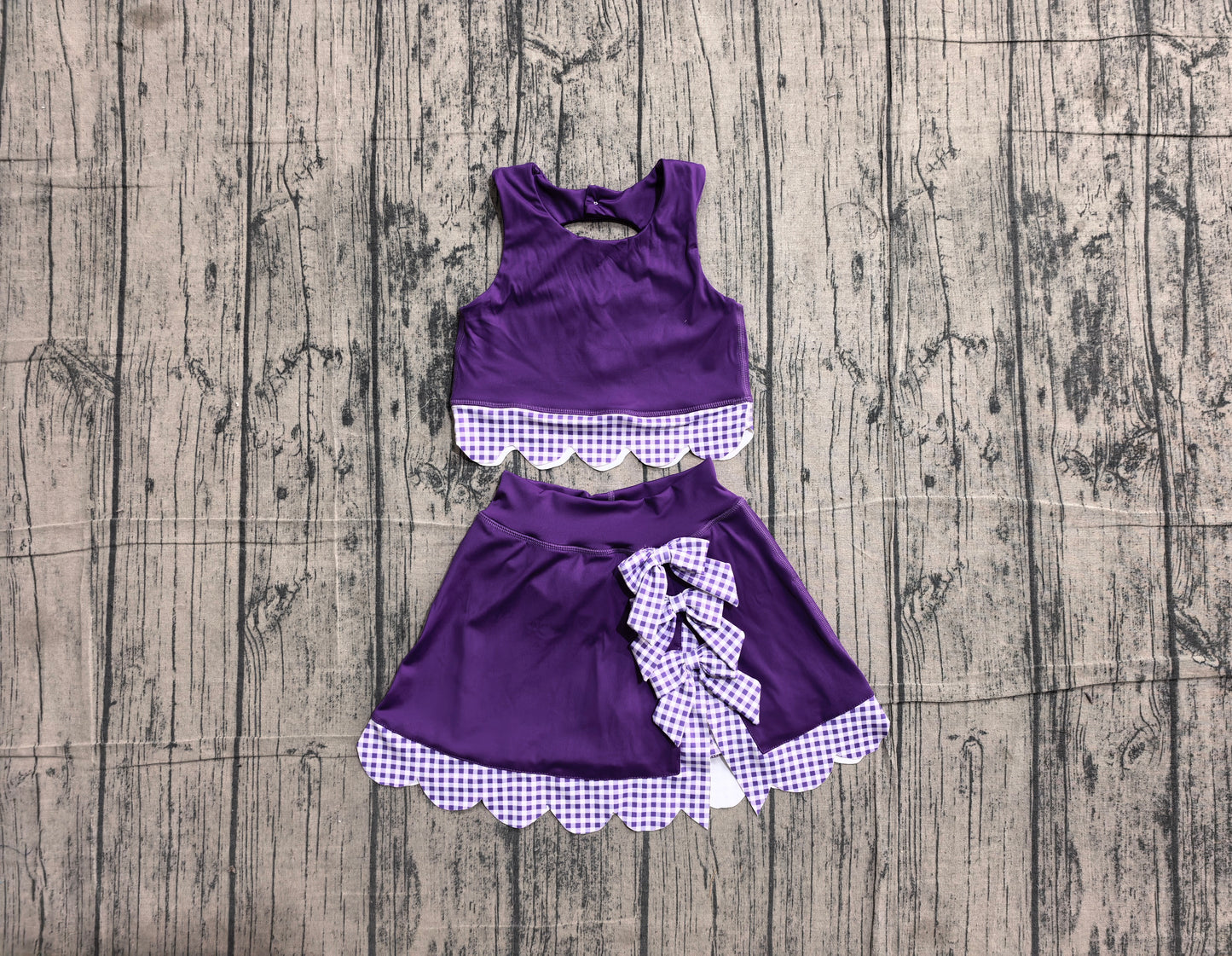 ( No moq ) Preorder Baby Girls Kids Scallop Shirt Purple Plaid Bows Skirt Shorts Set Yoga Active Clothes