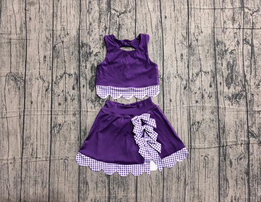 ( No moq ) Preorder Baby Girls Kids Scallop Shirt Purple Plaid Bows Skirt Shorts Set Yoga Active Clothes