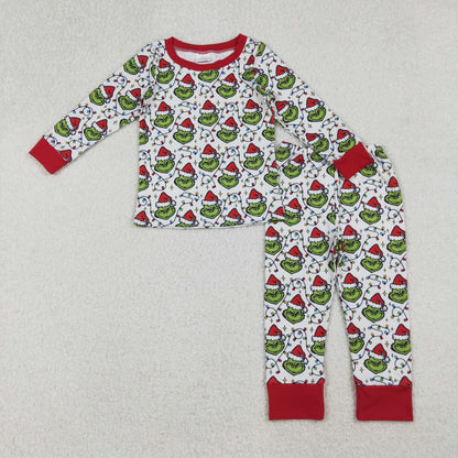 Sibling Boys Kids Long Sleeves Green Faces Lights Christmas Zipper Romper Pajamas Set RTS
