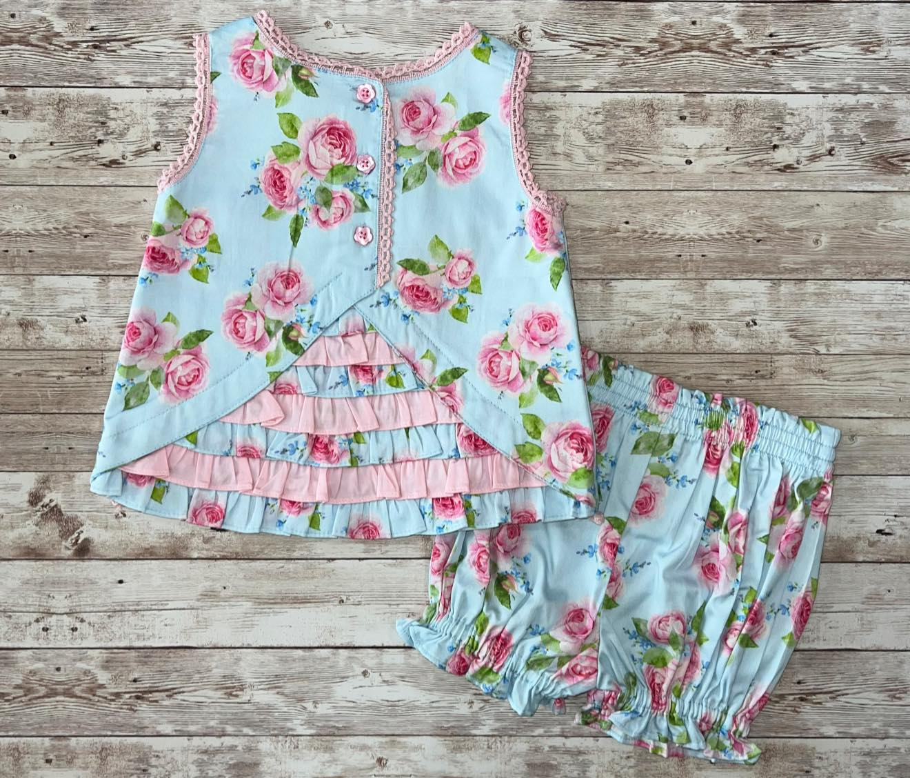 ( Moq 5 ) Preorder Baby Girls Kids Sleeveless Flower Tops Shorts Set Blue Clothes