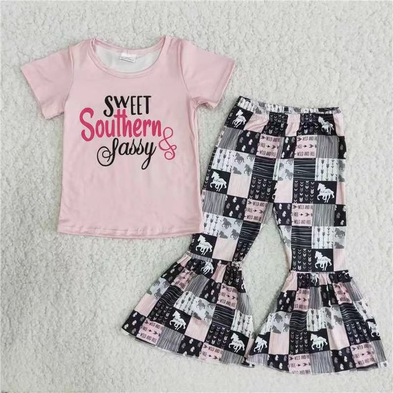 Promotion Baby Girl Sweet Southern Pink Horse Bell Pants Set