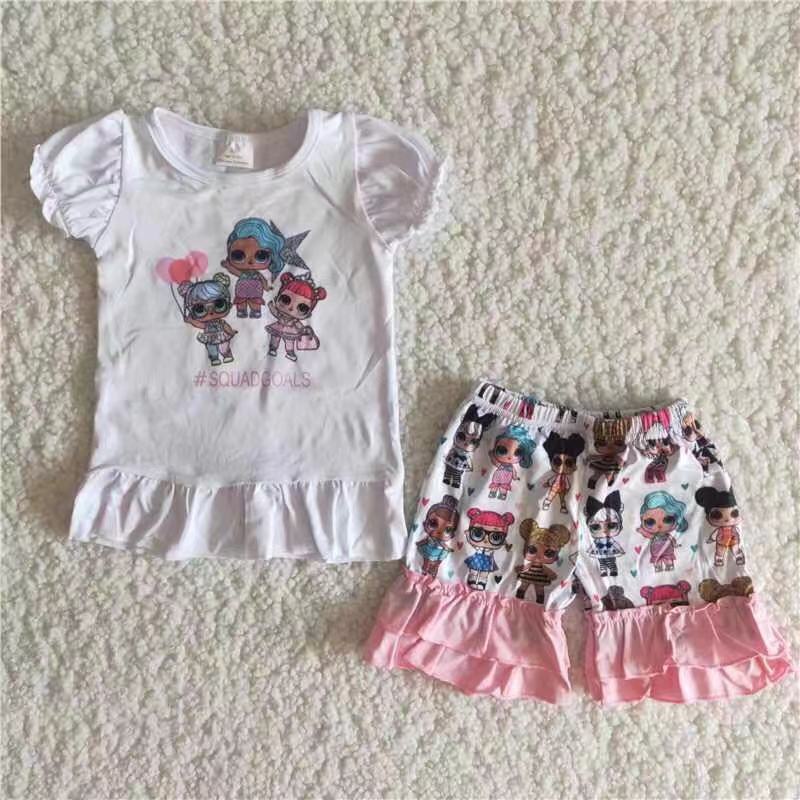 Promotion A1-14 Baby Girl Short Sleeves Shirt Ruffle Shorts Cartoon Set