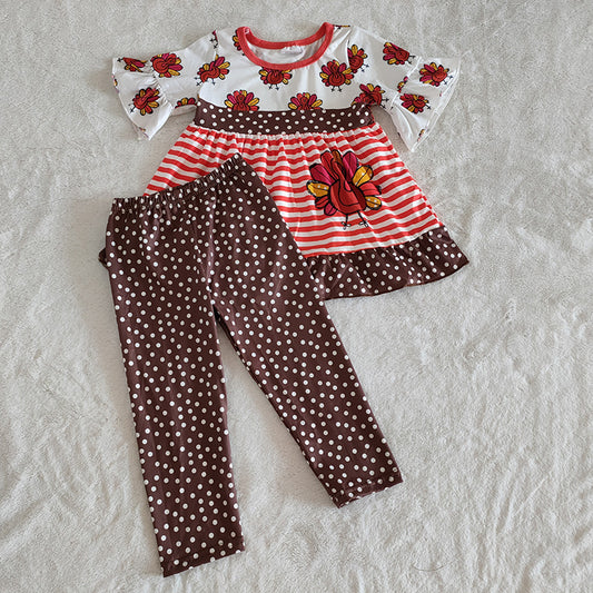 Promotion Baby Girl Short Sleeves turkey Tops Dots Pants Thanksgiving Set