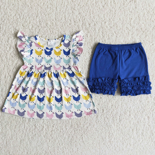 Promotion A10-11 Baby Girl Chicken Tunic Blue Ruffle Cotton Shorts Summer Set