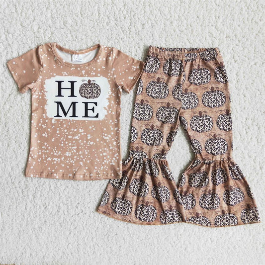 Promotion A10-13 Baby Girl Short Sleeves Leopard Pumpkin Shirt Bell Pants Outfit