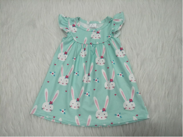 Promotion Baby Girl Short Sleeves Rabbits Green Dress