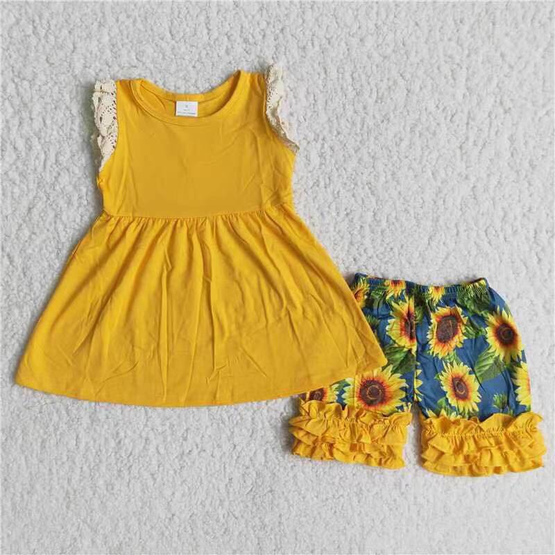 Promotion Baby Girls Kids Yellow Cotton Tops Sunflower Ruffle Shorts Set RTS
