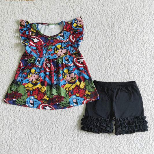 Promotion Baby Girl Summer Cartoon Black Shorts Outfit