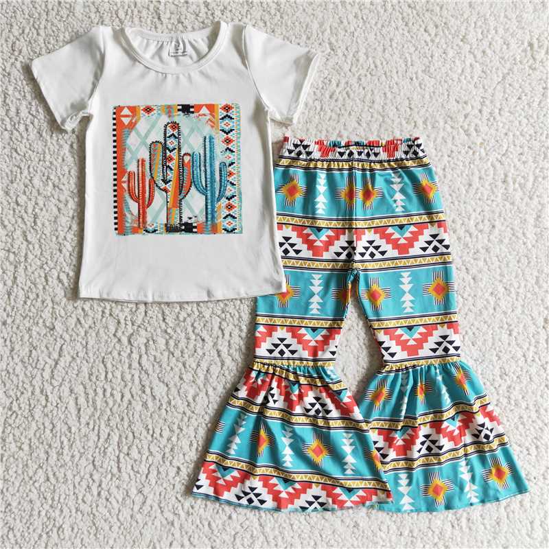 Promotion A11-15 Western Cactus Baby Girl Bell Bottom Pants Outfit