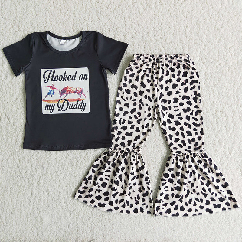 Promotion A10-16 Baby Girl Short Sleeves Shirt Leopard Bell Pants Western Rodeo Outfit