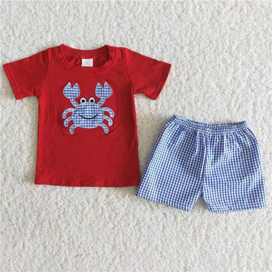 Promotion Baby Boy Short Sleeves Embroidery Crab Red Shirt Blue Plaid Shorts Set