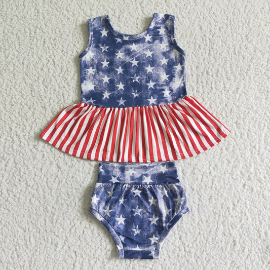 Promotion Baby Girl July 4th Sleeveless Stars Stripes Tops Bummies Set