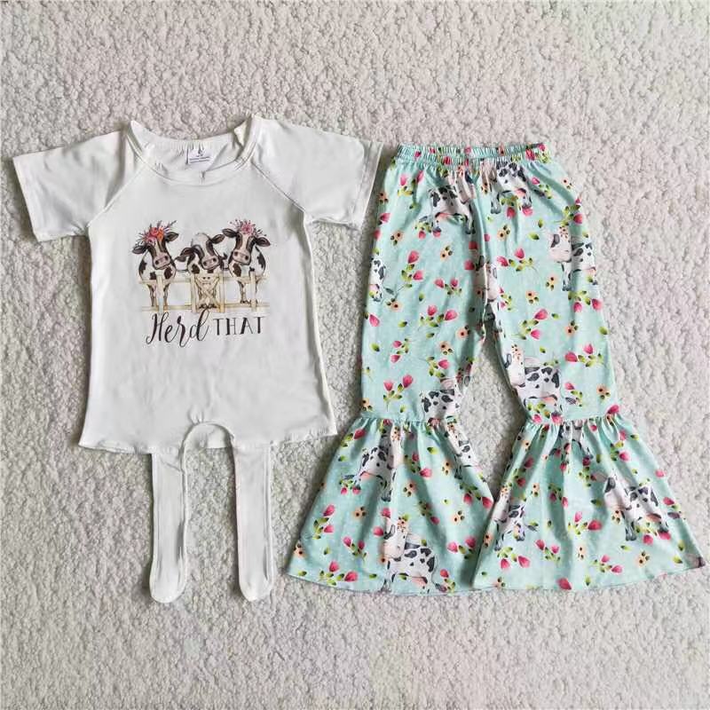 Promotion Baby Girl Western Cow Flower Bell Pants Outfit