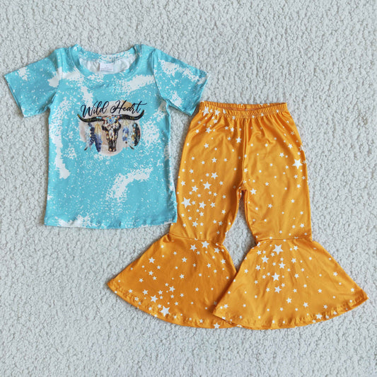 Promotion Baby Girl Short Sleeves Western Cow Bell Pants Outfit