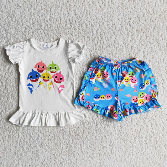 Promotion Baby Girl Summer Cartoon Fish Shirt Blue Shorts Outfit