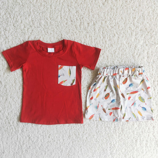 Promotion Baby Boy Short Sleeves Red Shirt Fishing Shorts Set