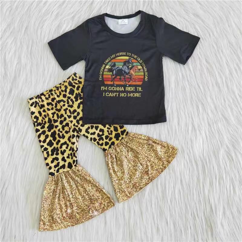 Promotion Western Baby Girl Short Sleeves Horse Shirt Bell Pants Outfit