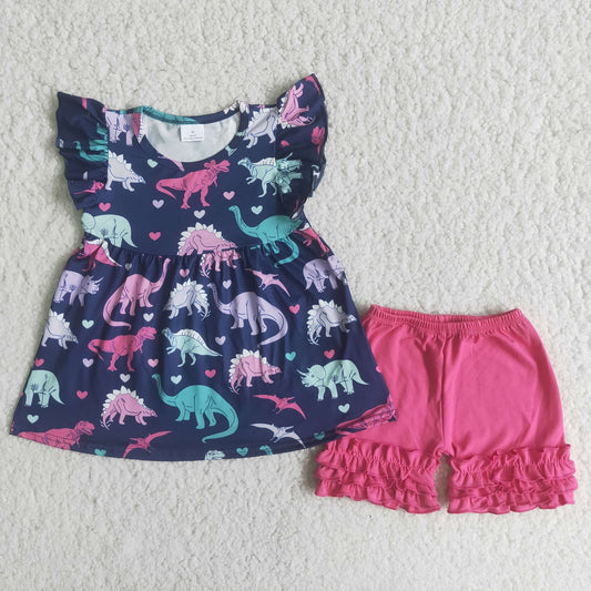 Promotion Baby Girl Summer Dinosaurs Tunic Ruffle Shorts Set