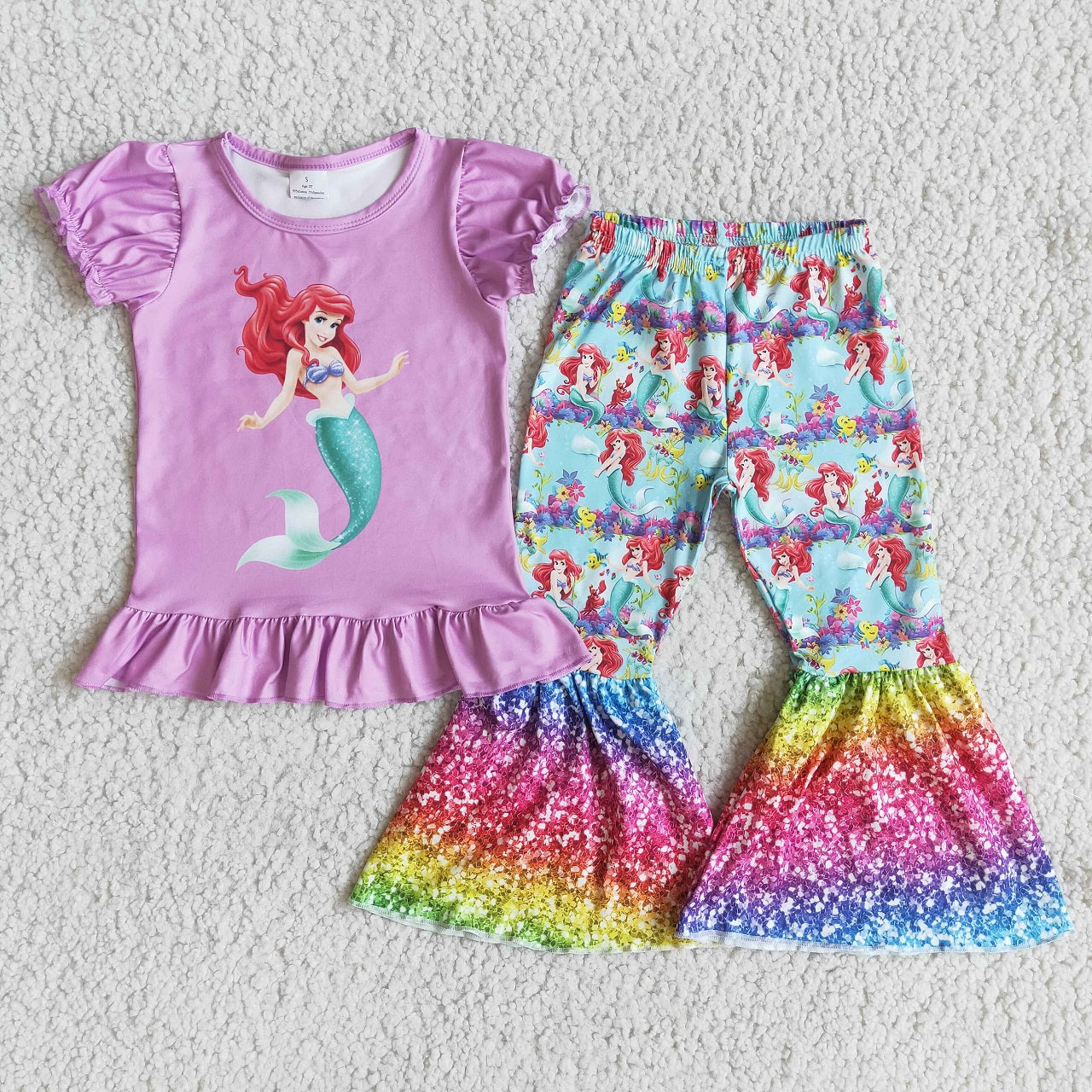 Promotion A13-23 Baby Girl Short Sleeves Mermaid Shirt Bell Pants Purple Outfit