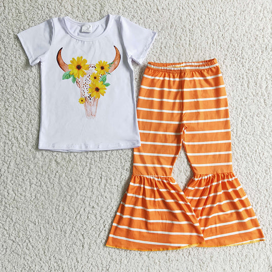 Promotion Baby Girl Western Cow Sunflower Stripes Bell Pants Outfit